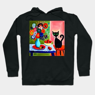 Black Cat with Flowers in a Blue Vase Still Life Painting Hoodie